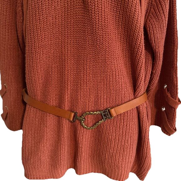 CHICO'S Brass Hook Loop Buckle Belt Womens M/L Gemstone Brown Leather Adjustable - Picture 2 of 11